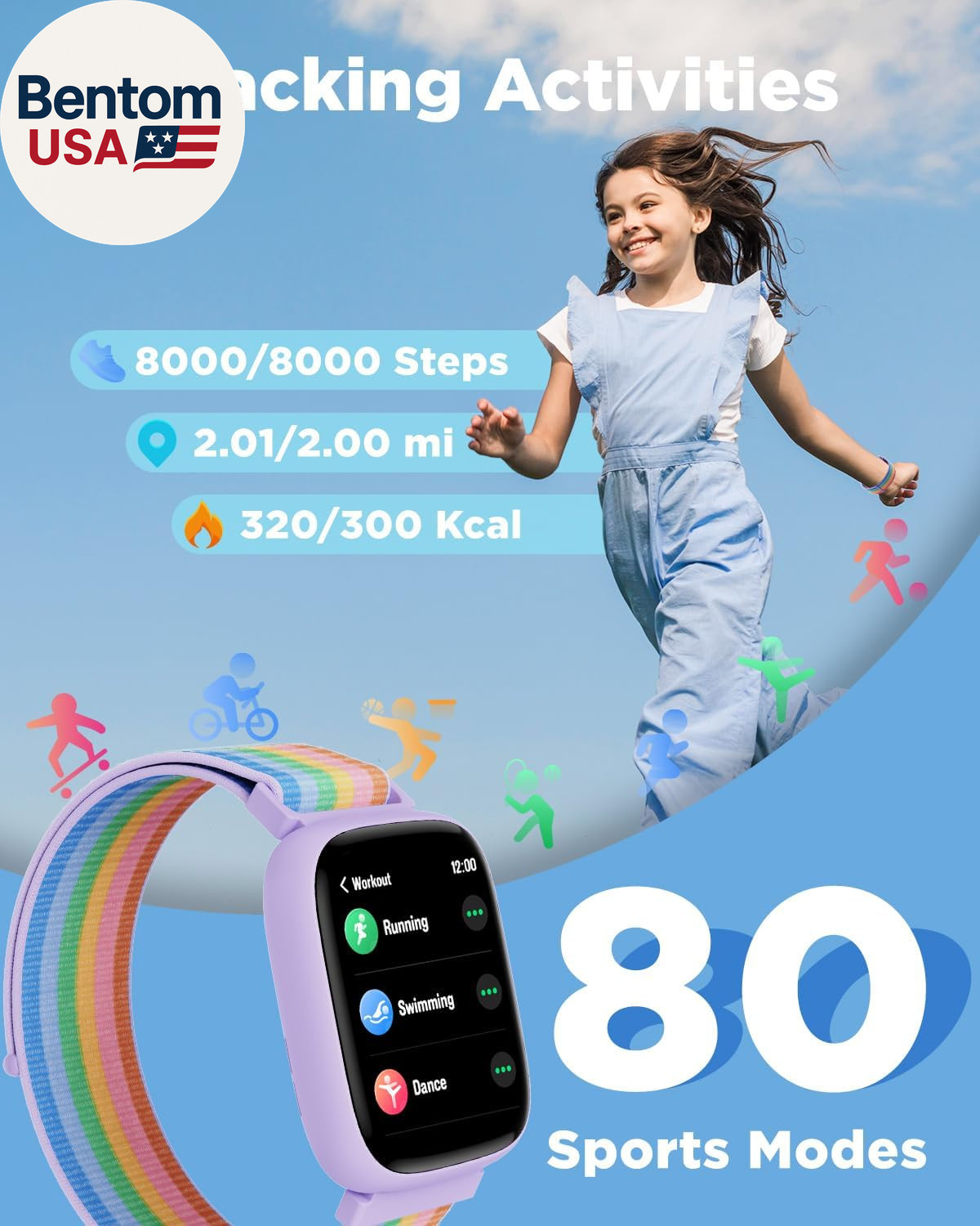 Smart Watch for Kids, 1.8″ Fitness Tracker Watch Pedometer, Heart Rate, IP68 Wat