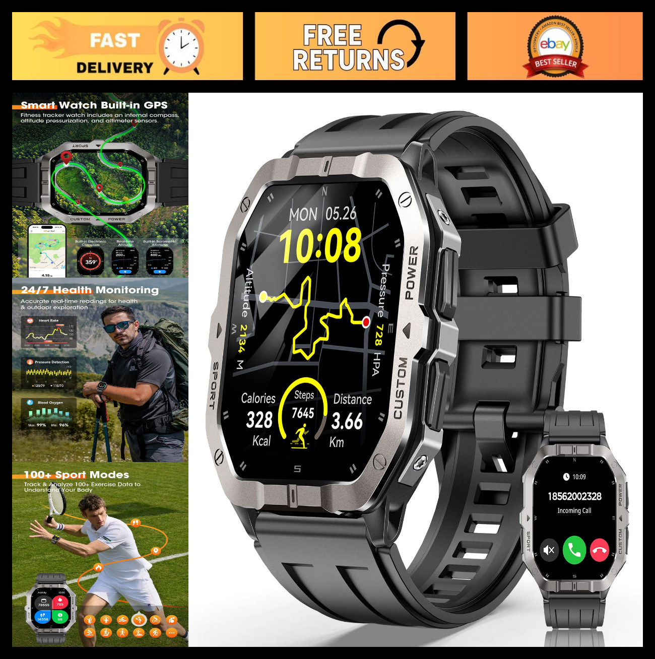 Military Smart Watch for Men – GPS, Heart Rate Monitor, 100+ Sport Modes, Waterp
