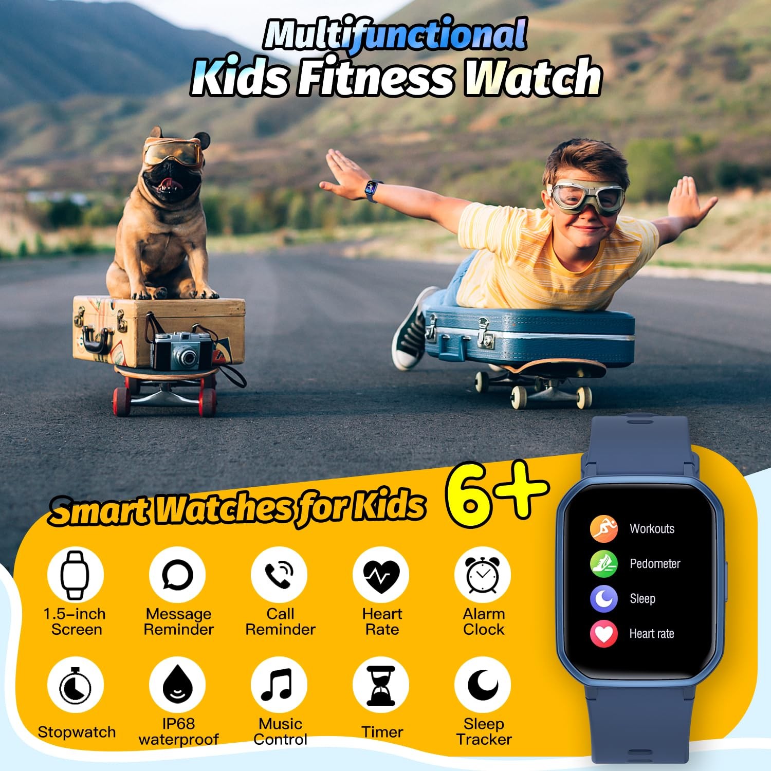 Kids Smart Watch Girls IP68 Waterproof 1.5 Inch Screen Heart Rate Blue Toy