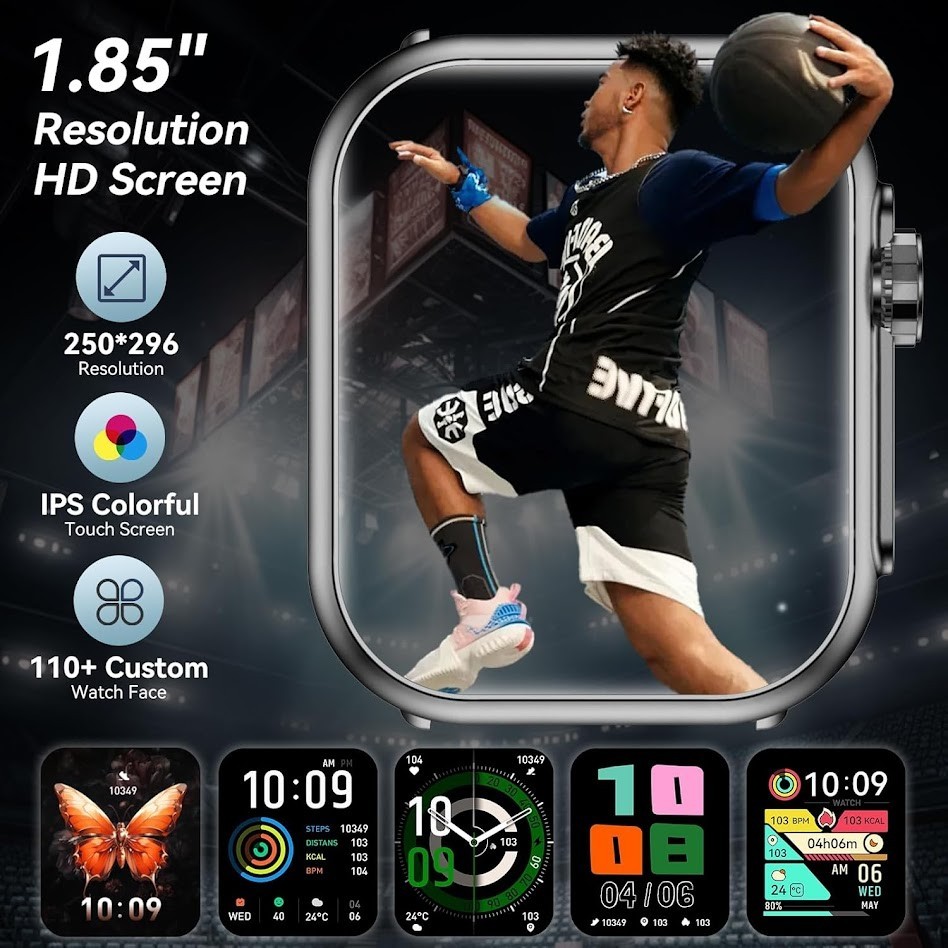 Smart Watch K62 1.85in Fitness Tracker IP68 Heart Rate Bluetooth Call Black