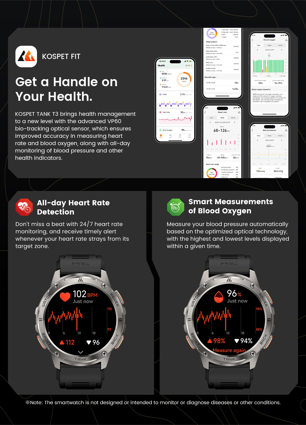 KOSPET TANK T3 Smart Watch for Men Smart Watches 5ATM Waterproof For Android iOS