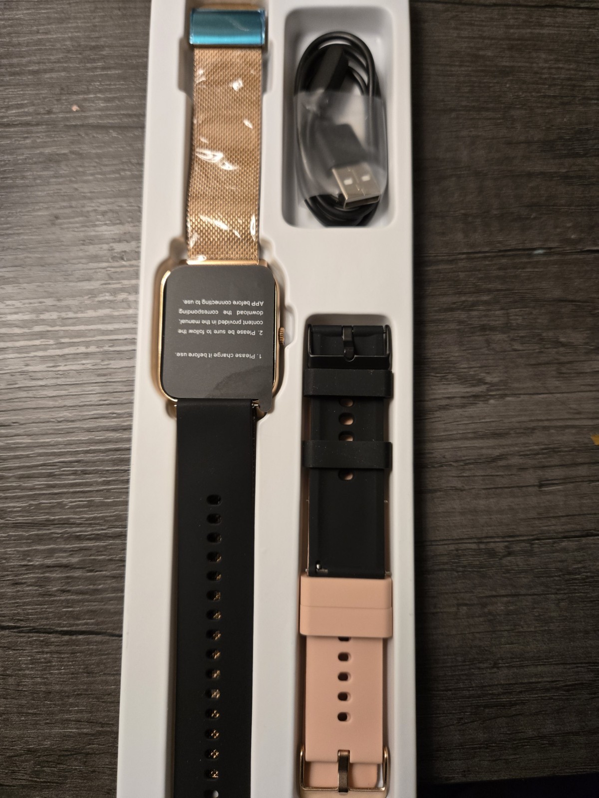 Smart Watch 44mm Gold Metal Case Black Silicone Band HR Touch Android iOS