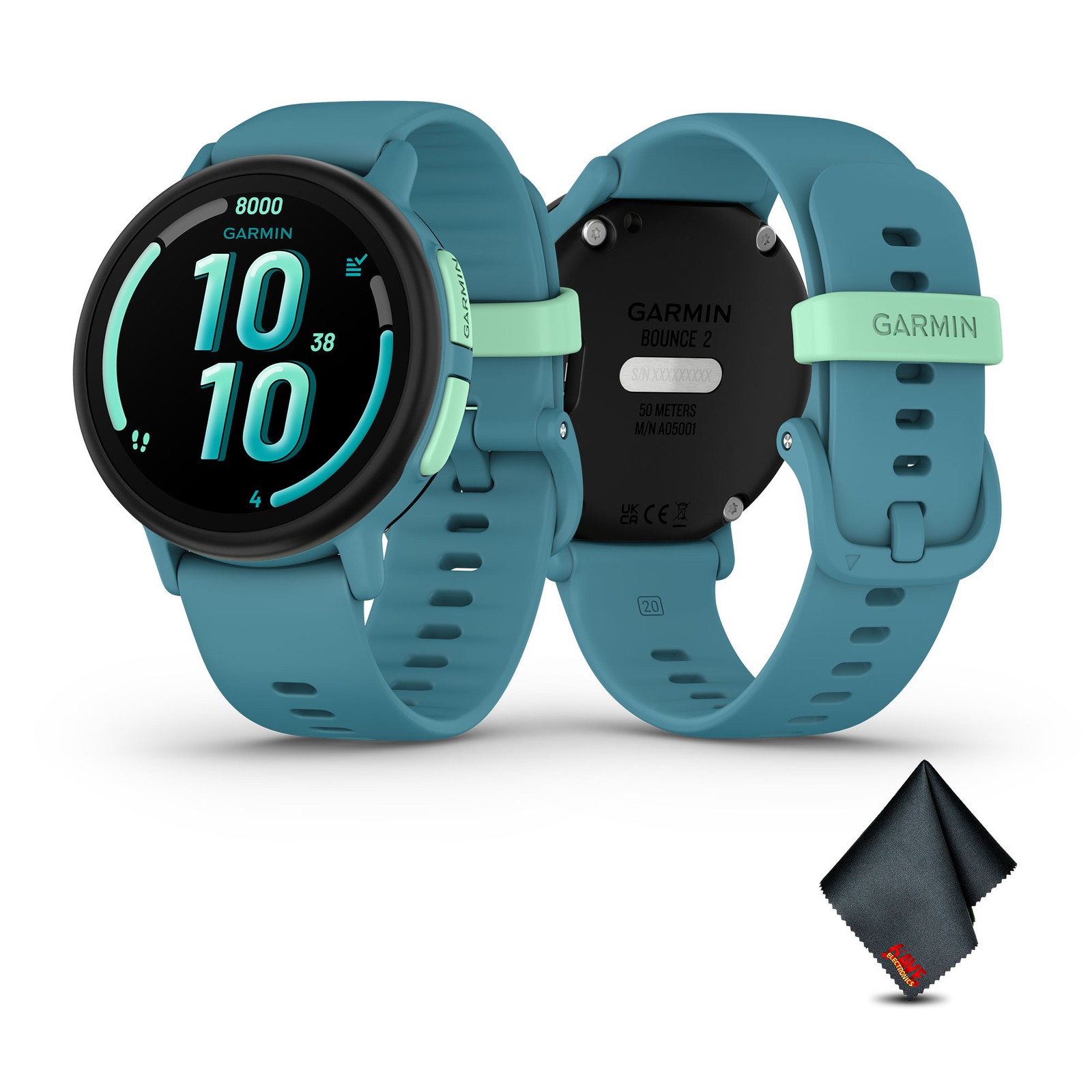 Garmin Bounce 2 Kids LTE Smartwatch Bundle w/ Microfiber Cloth, Turquoise