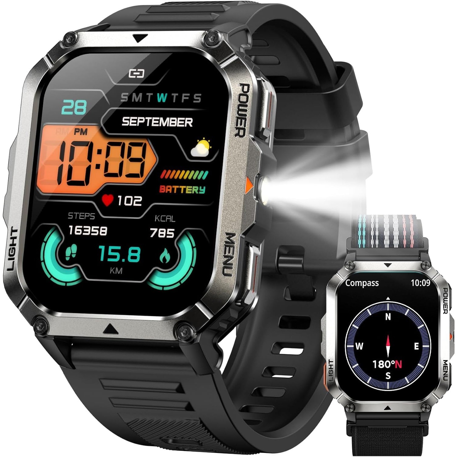Military Smart Watch Men Bluetooth Call,2.01″HD 900mAh 2 Straps For iOS Android*