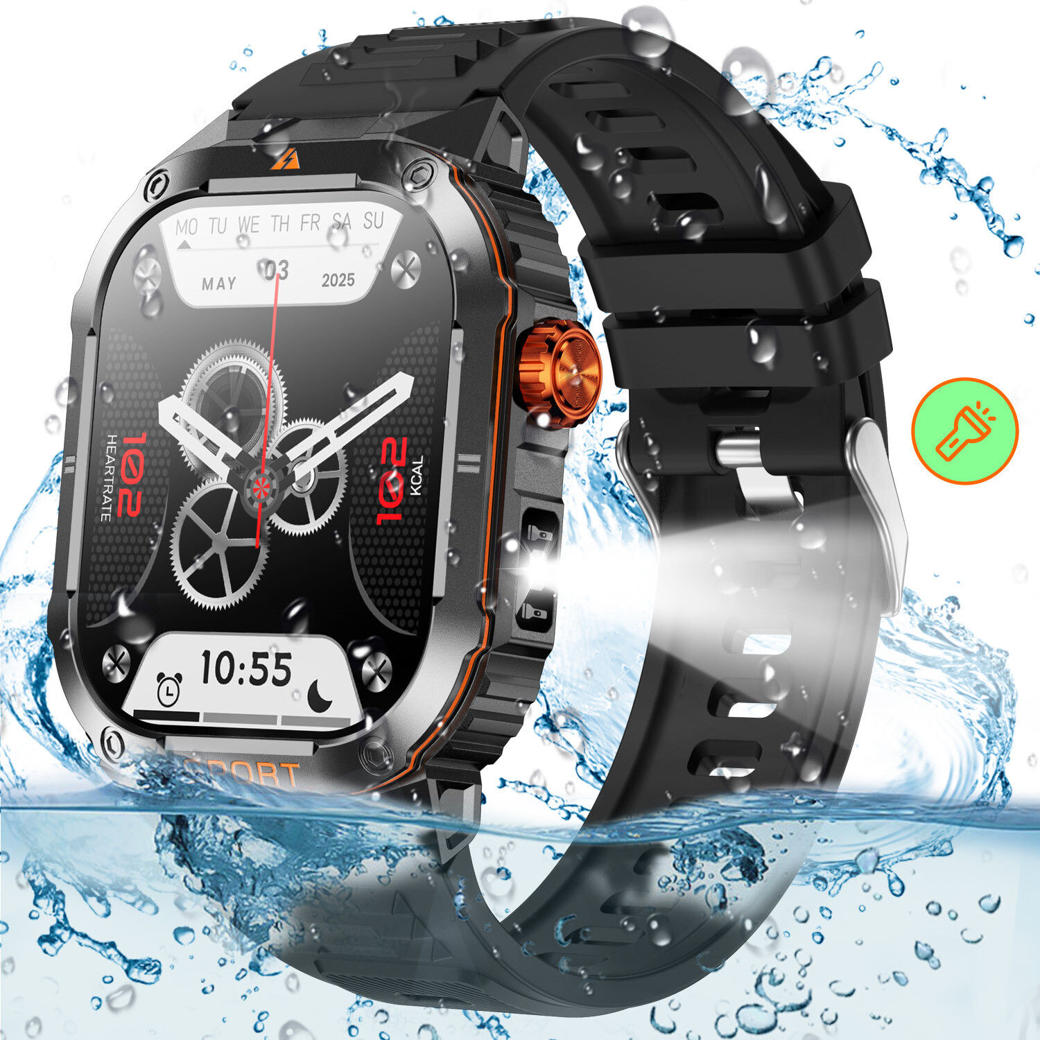 Smart Watch Bluetooth Call Health Monitor Fitness Tracker Waterproof Flashlight