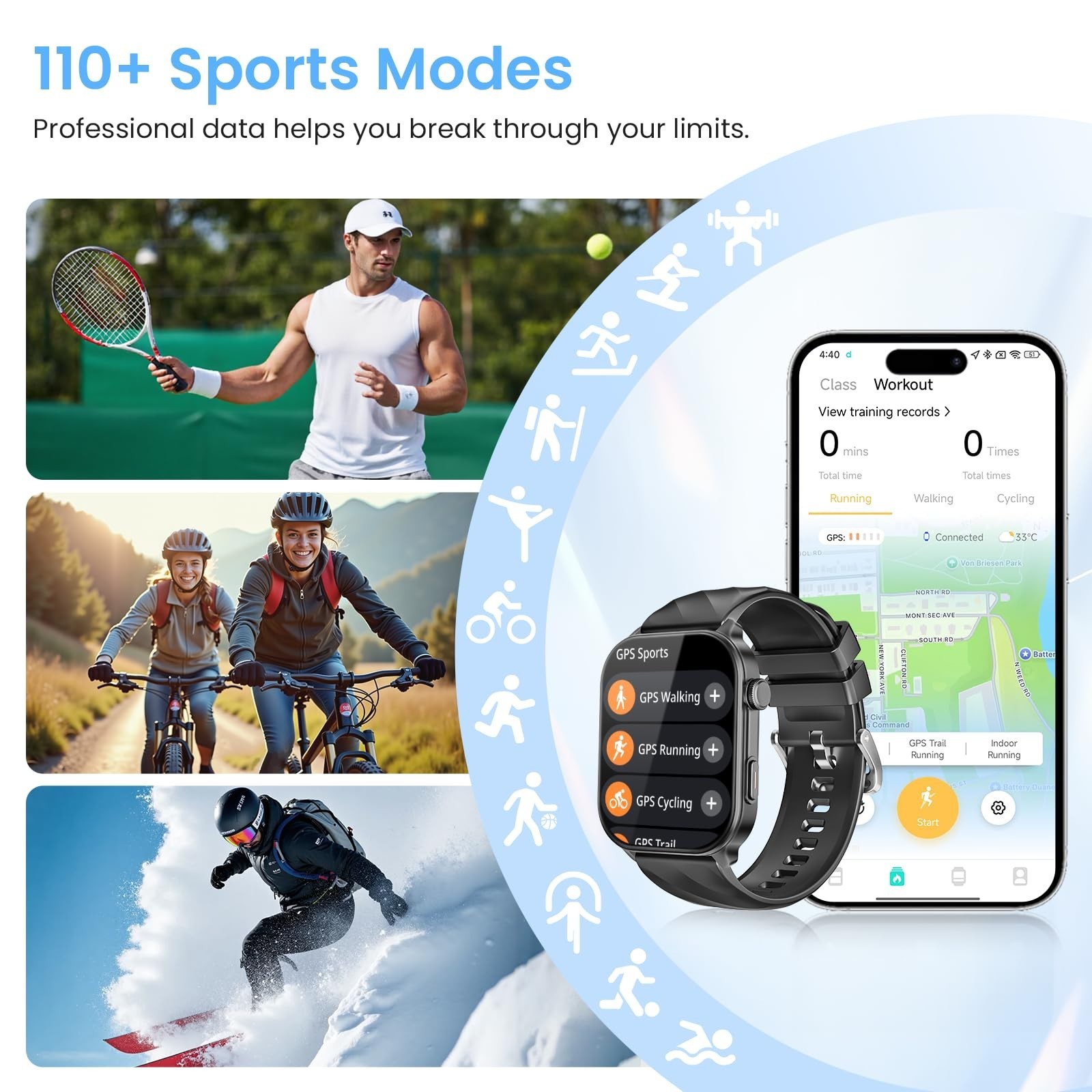 GPS Smartwatch for Men & Women, 2.01″ Fitness Tracker, Calls, 110+ Sports Modes,