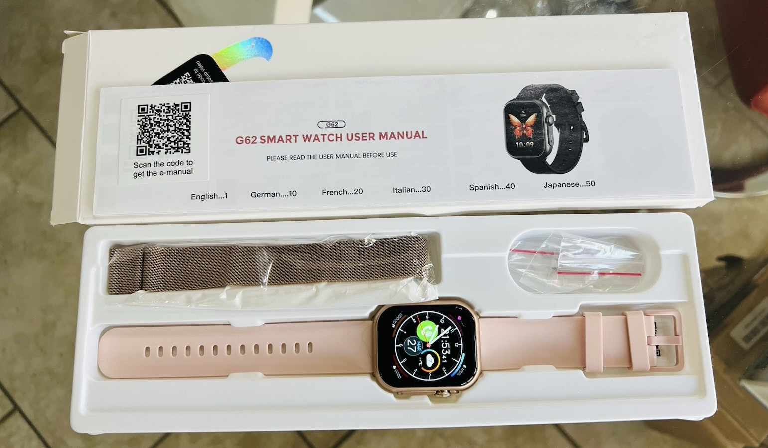 G62 Smart Watch 44mm Gold Metal Case Pink Silicone Band + Extra Mesh Band