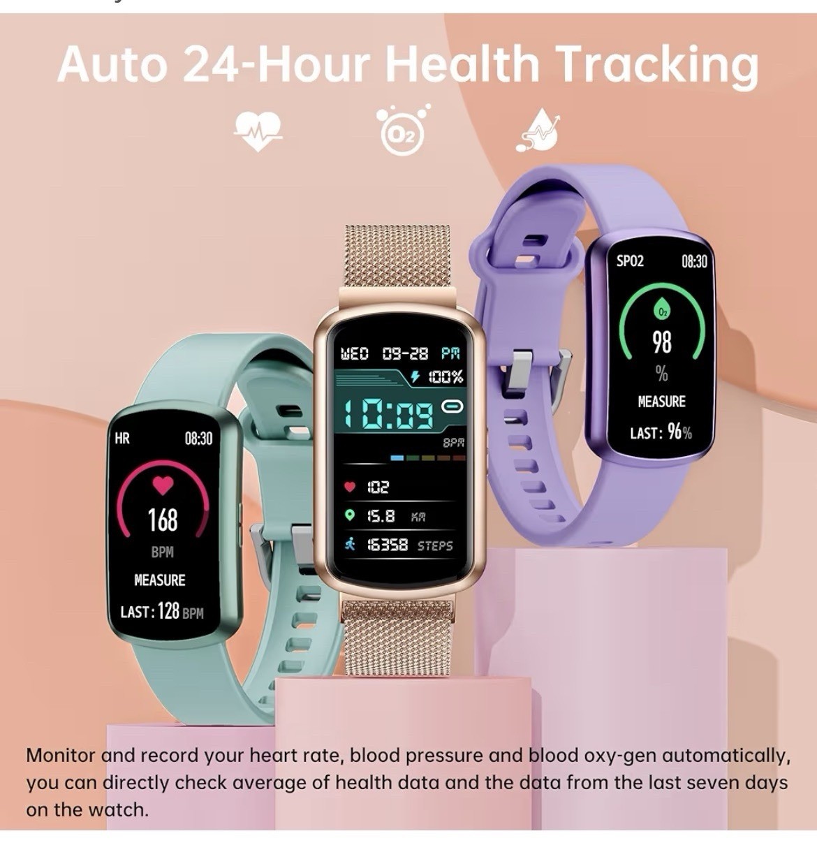 Smart Fitness Watch 30mm Rose Gold Metal Case SS Mesh Band HR Sleep Waterproof