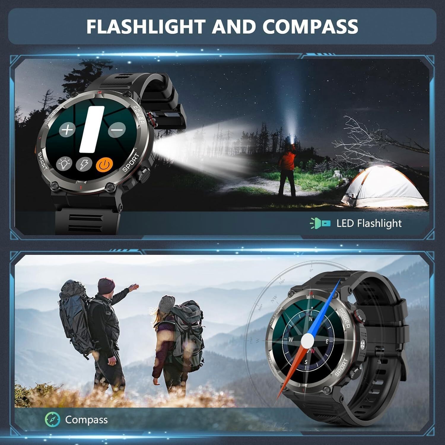 Military Tactical Smart Watches for Men, 100-Day Battery Rugged Fitness Watch