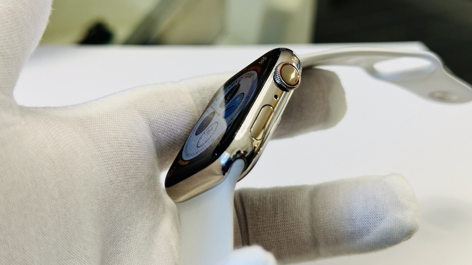White Gold Plated Apple Watch 45mm CUSTOM Stainless Steel Series 9 White Sport B