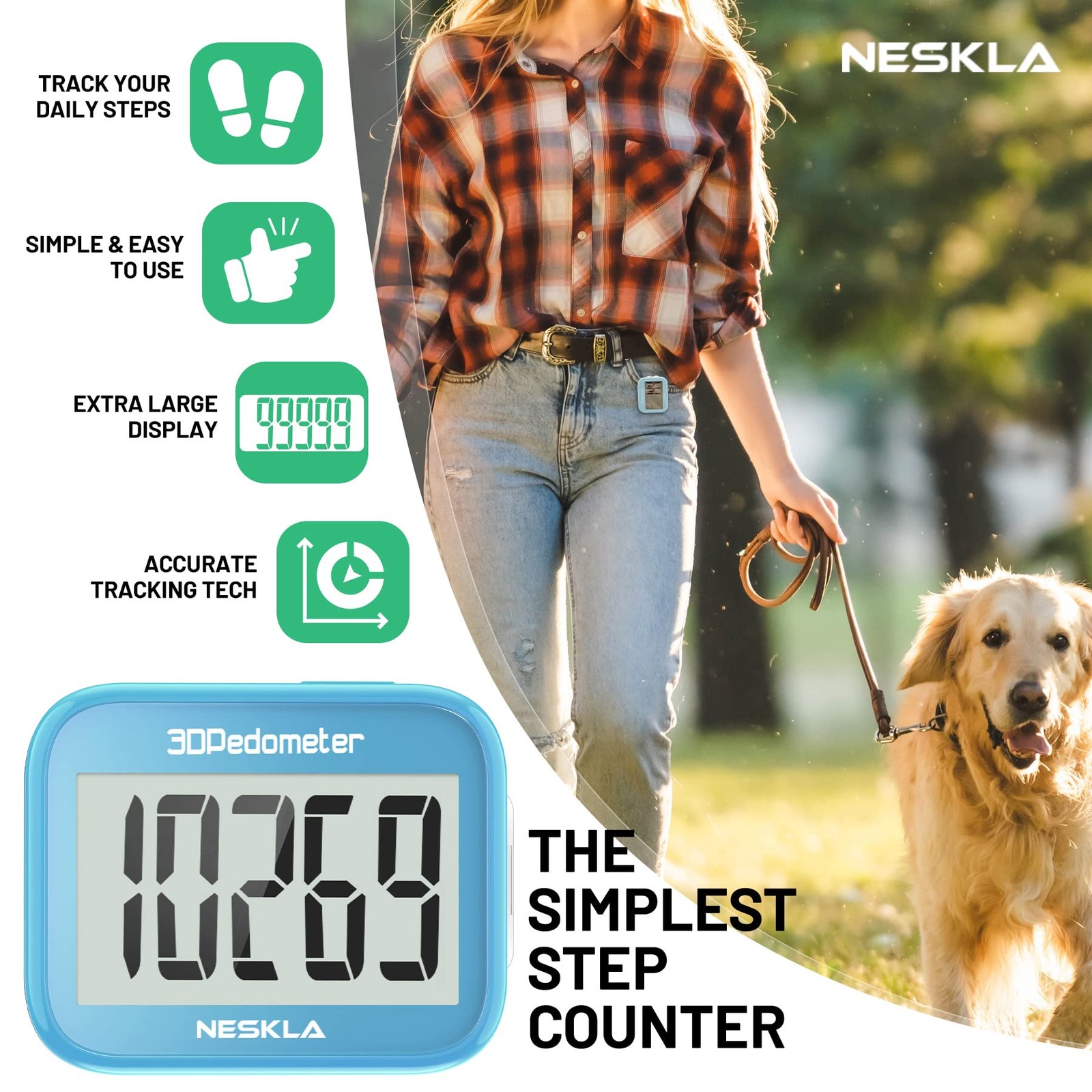 NESKLA 3D Pedometer for Walking, Simple Step Counter with Large Digital Displ…