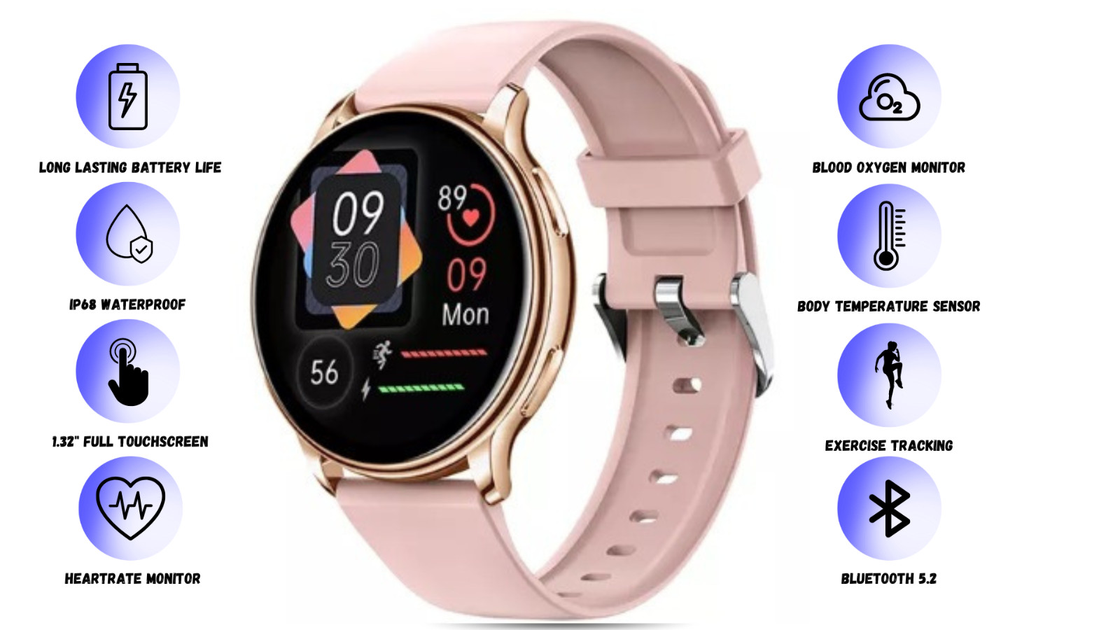 Premium Fashion Smart Watch For Women Fitness Tracker Heart Rate Oxygen GPS Temp