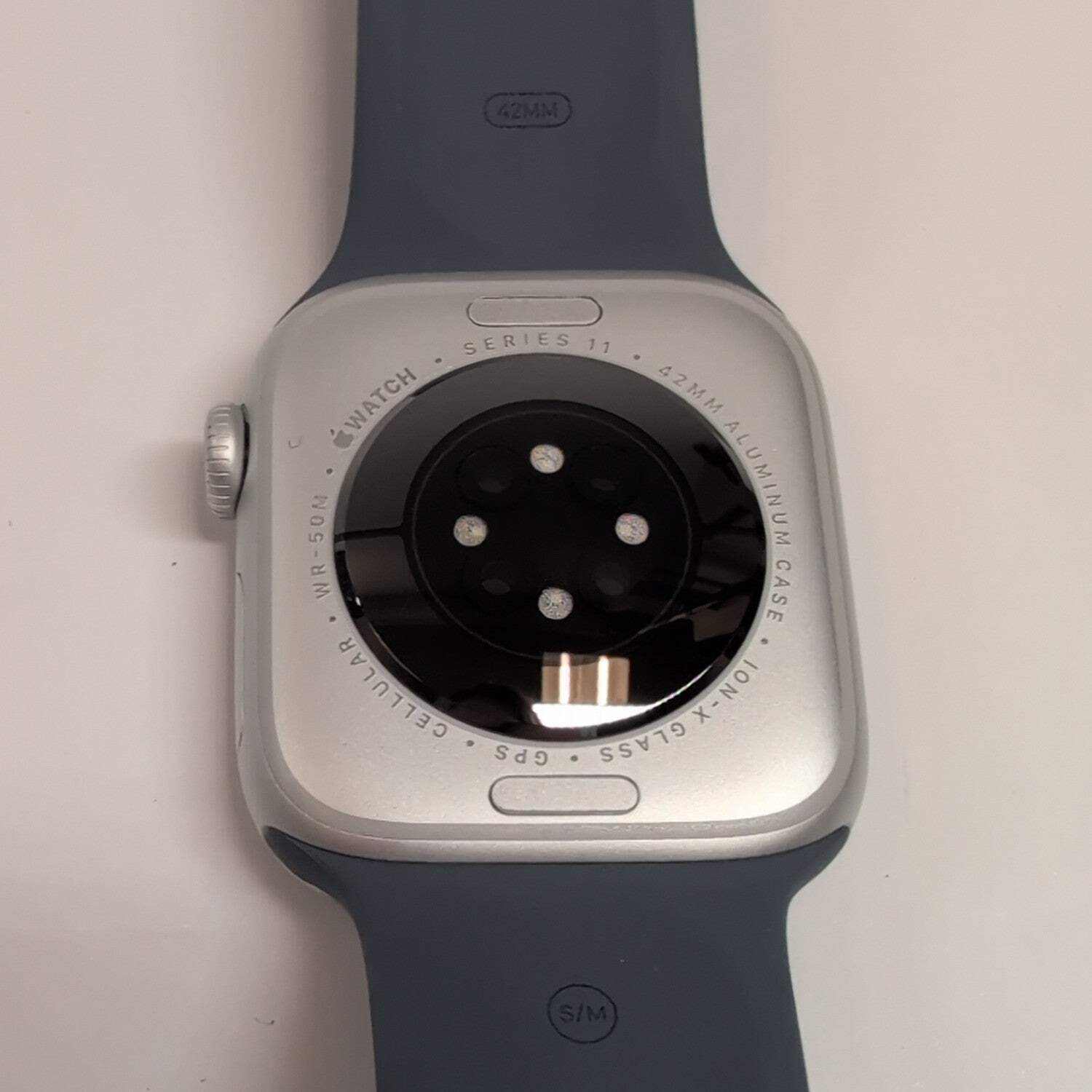 Unlocked Apple Watch Series 11 42MM Silver Aluminum Anchor Blue Sport Band