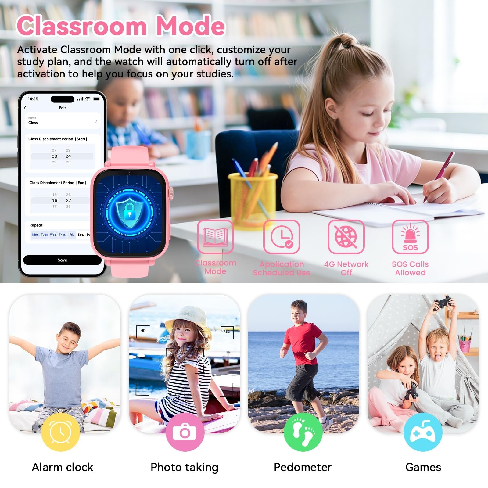 4G Kids Smart Watch Phone GPS, Video Call, SOS, Games, Touch Screen – Pink