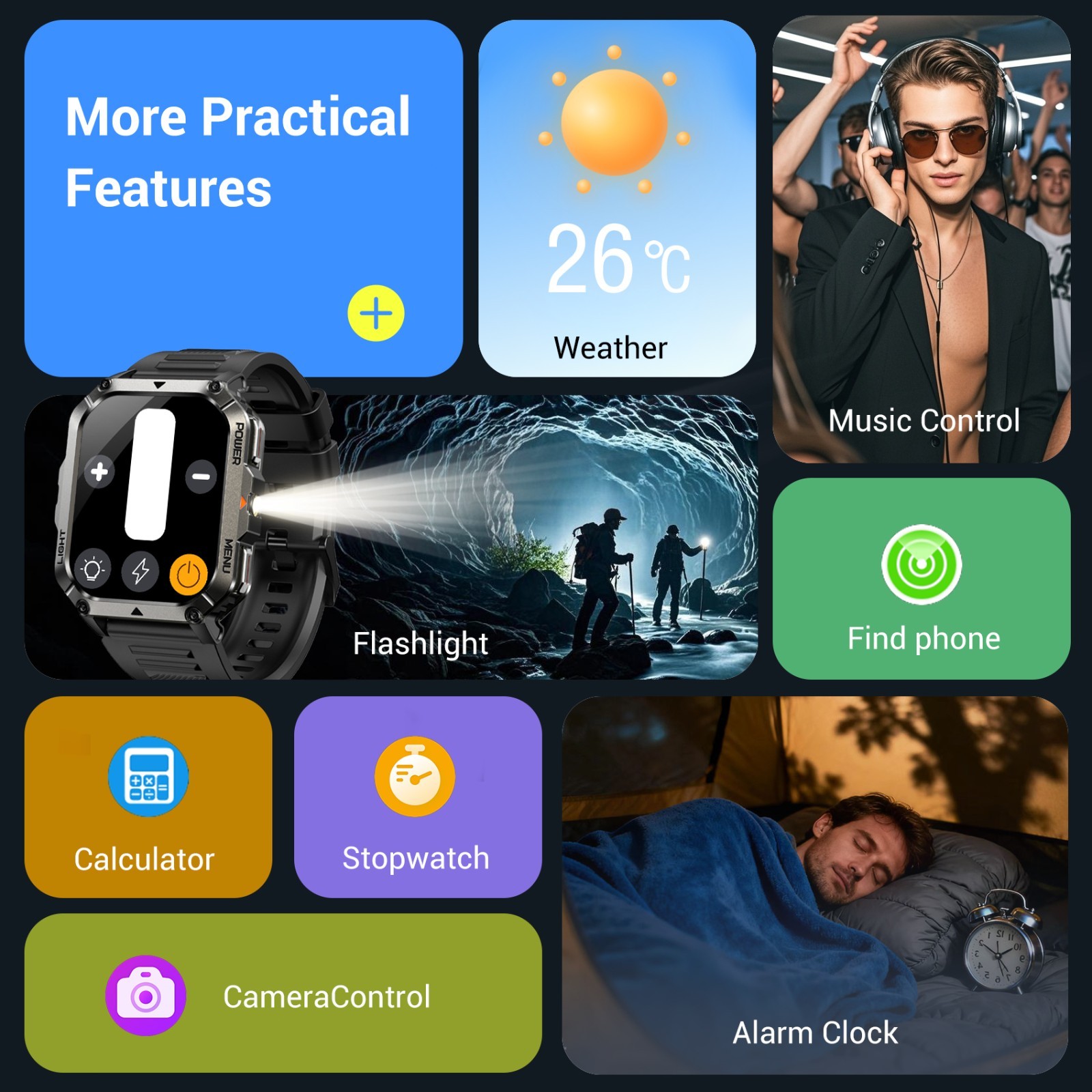 Rugged Smart Watch Men GPS Sport Fitness Tracker Smartwatch With LED Flishlights
