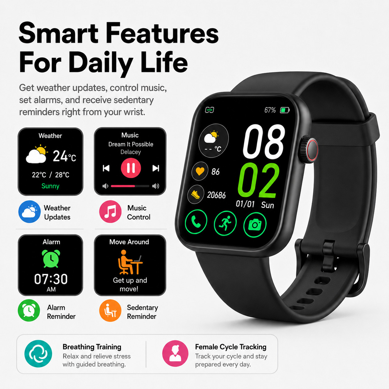 Smart Watch with Call Function Sleep Activity Tracker Black Silicone Band