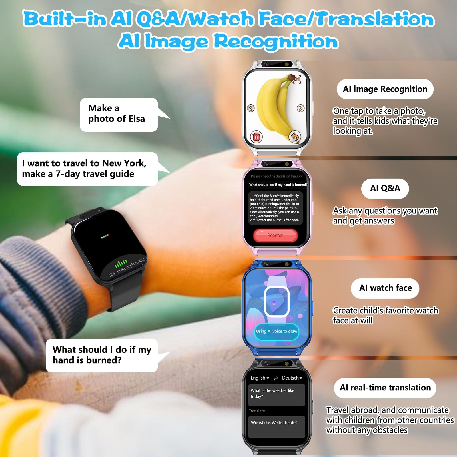1.85″ Kids Watch, AI(Translation/Q&A/Watch Face/Image Recognition)Smartwatche…