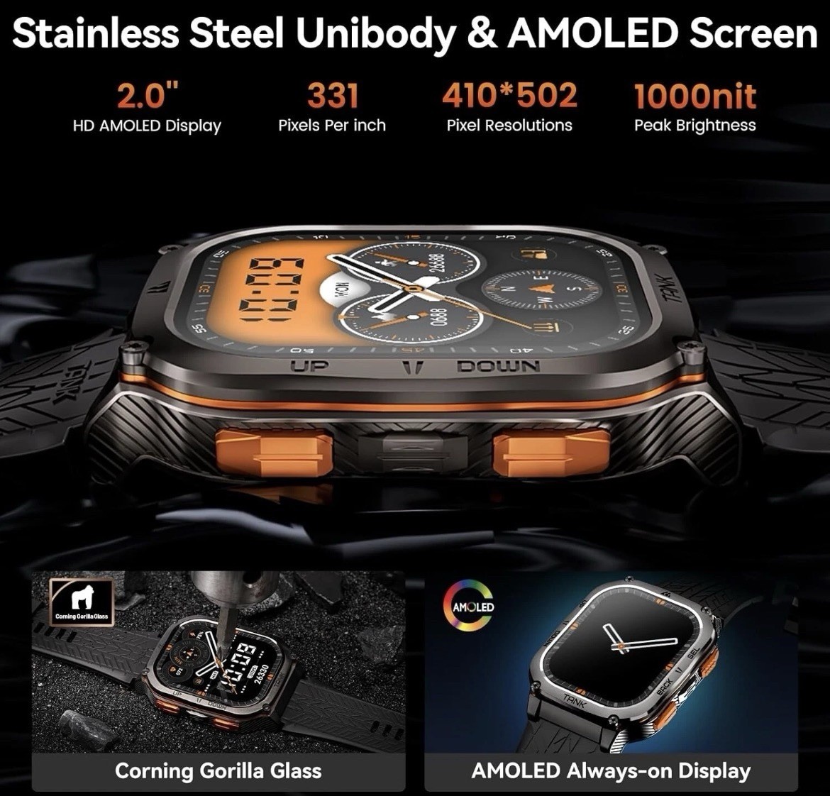 AMAZTIM TANK M3 Military Grade Smart Watch 1.96″ Screen Men Extra-long Battery