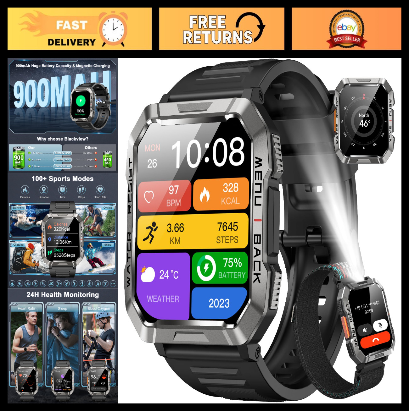Outdoor Sports Smartwatch for Men, Military Fitness Tracker, 100 Days Battery, H