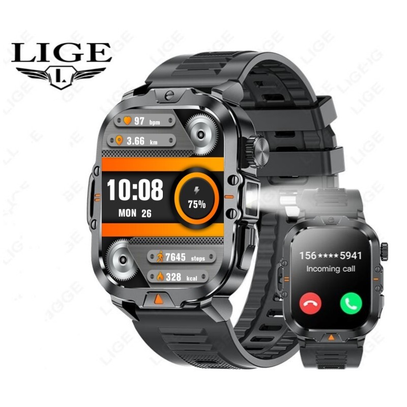 🔥Smart Watch Men with 2.01″ HD Screen Heart Rate LED Flashlight 3ATM Waterproof
