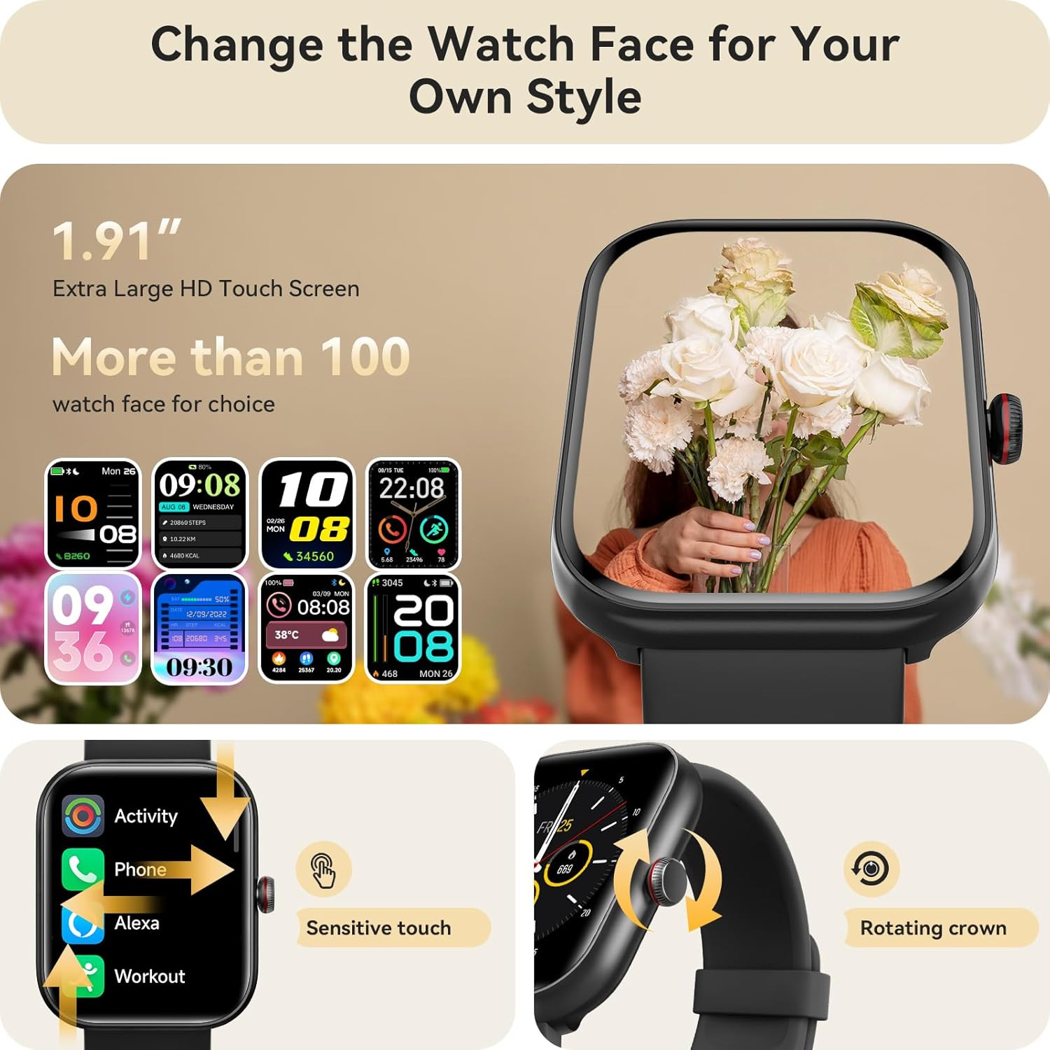 1.91″ Bluetooth Smart Watch Fitness Tracker Call Answer IP68 iOS Android