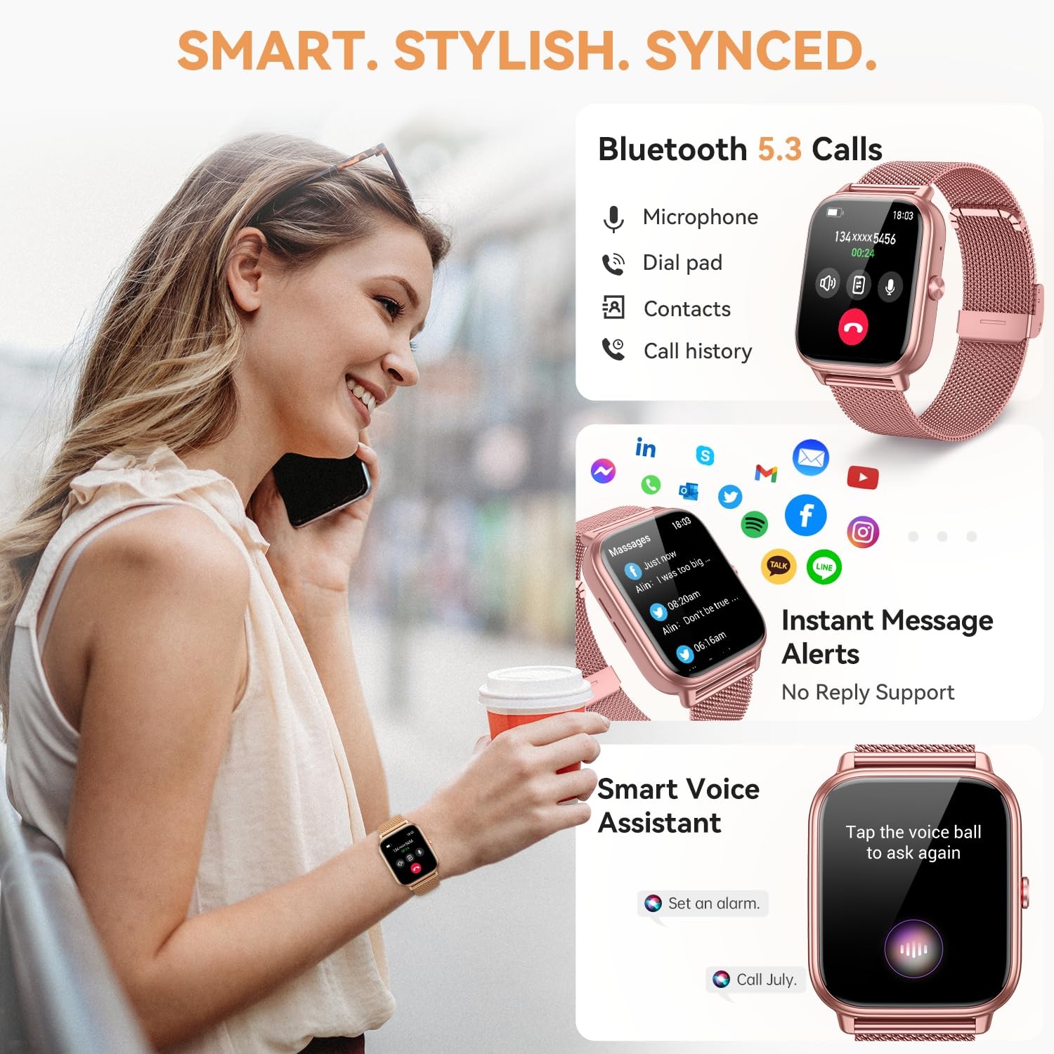 paybay Smart Watch for Women Men- 1000mAh Battery Answer/Make Call, Pink