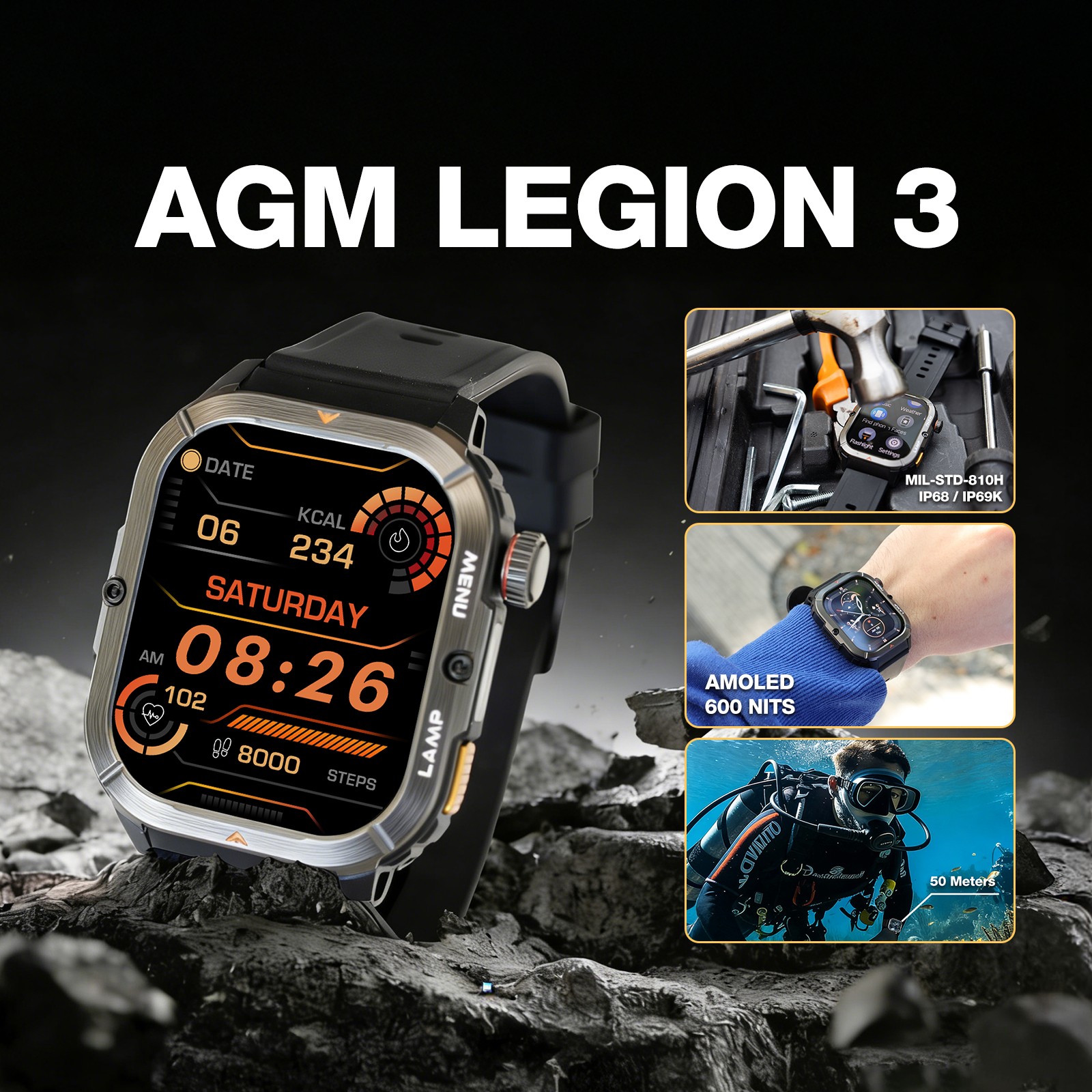 AGM Legion 3 Outdoor Rugged Smart Watch 1.95” AMOLED 5ATM Waterproof Heart Rate