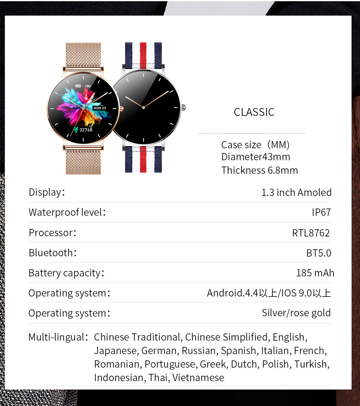 AMOLED Smart Watch Women for Android & iPhone, Fitness Watch with Bluetooth Call