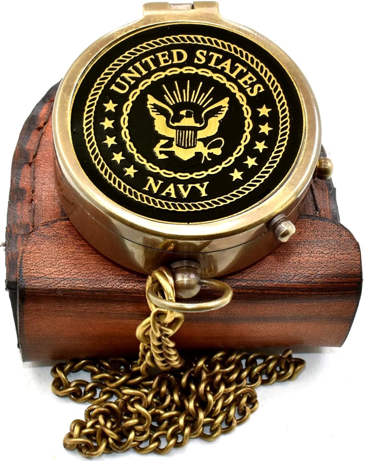 Navy Engraved Brass Pocket Compass with Leather Case, Vintage Antique Style N…