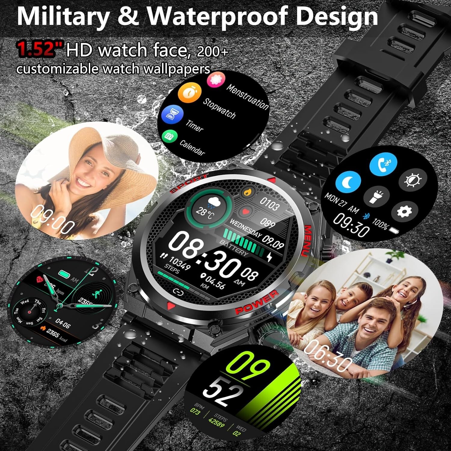 Military Smart Watch for Men Women, 1.52″ HD Fitness Tracker IP68 Waterproof