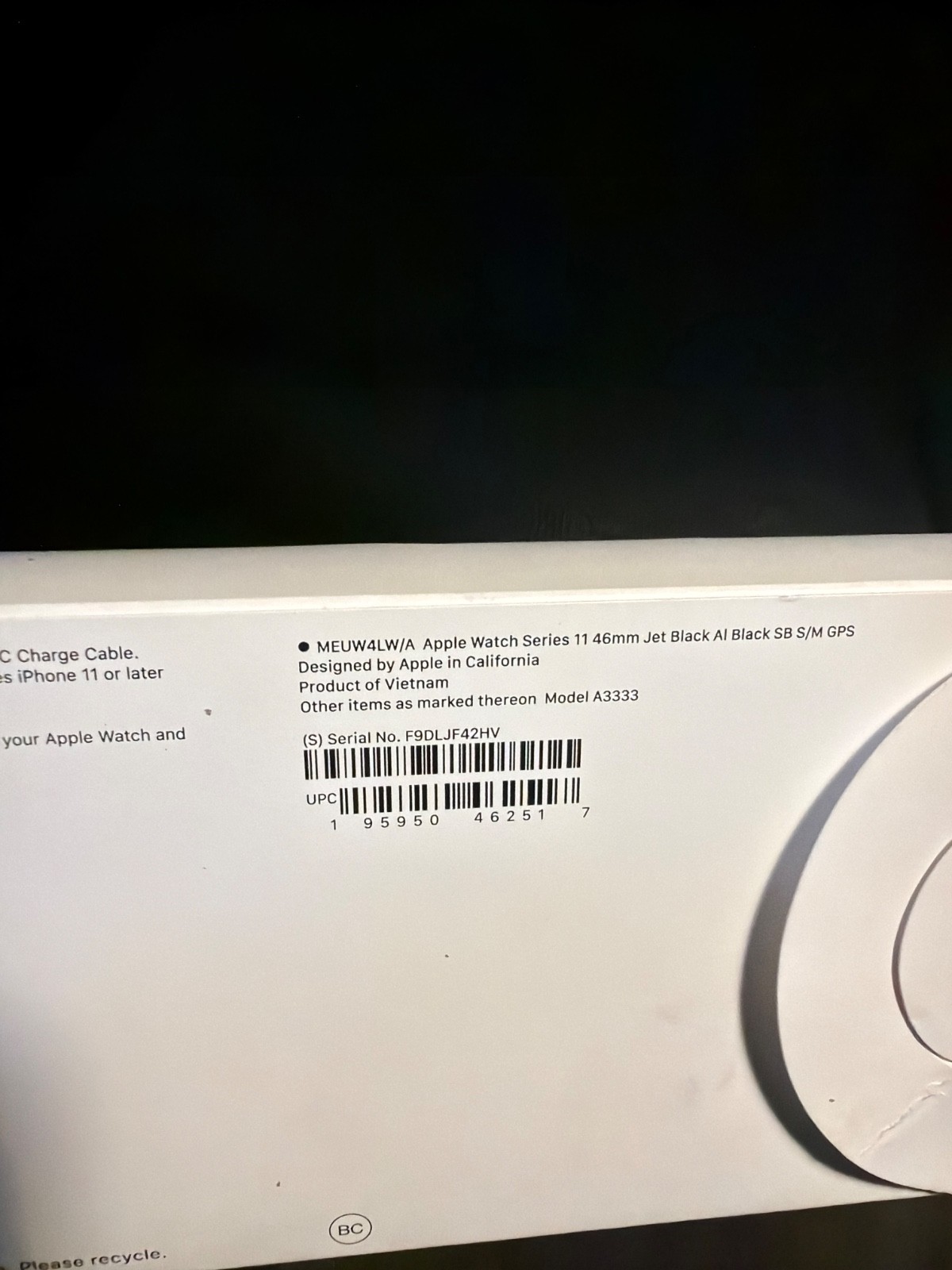 Apple Watch Series 11 46mm GPS Jet Black Case w Black Sport Band M/L MEUX4LW/A
