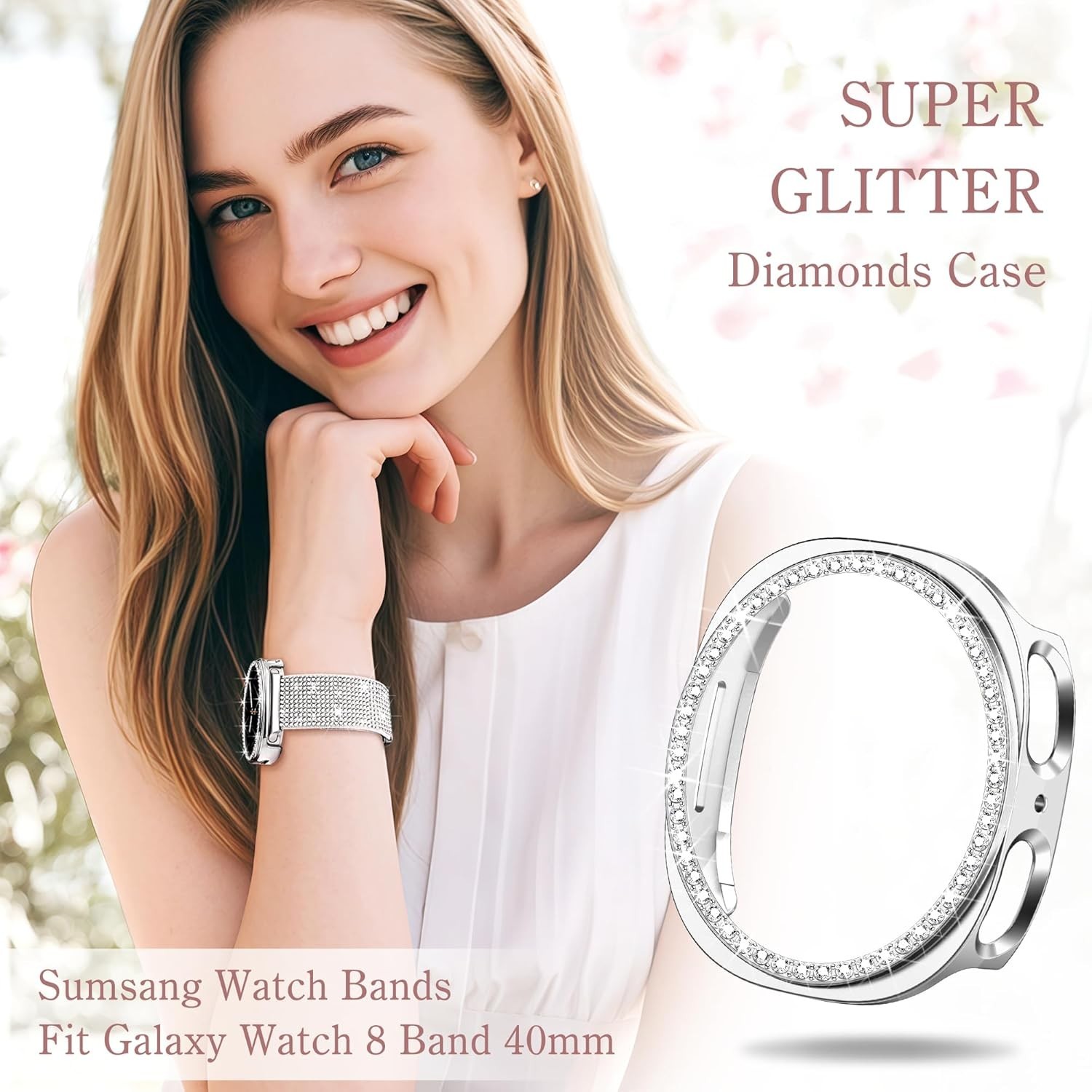 Samsung Galaxy Watch 8 40mm Bling Band with Protective Case for Women