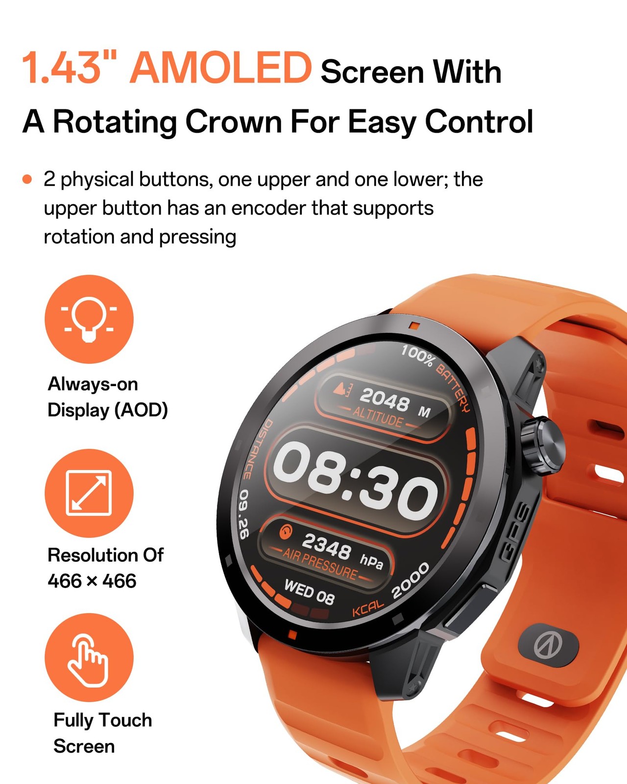 AOLON GPS Smart Watch for Men, 1.43″ AMOLED, Compass/Barometer, 3ATM/IP68