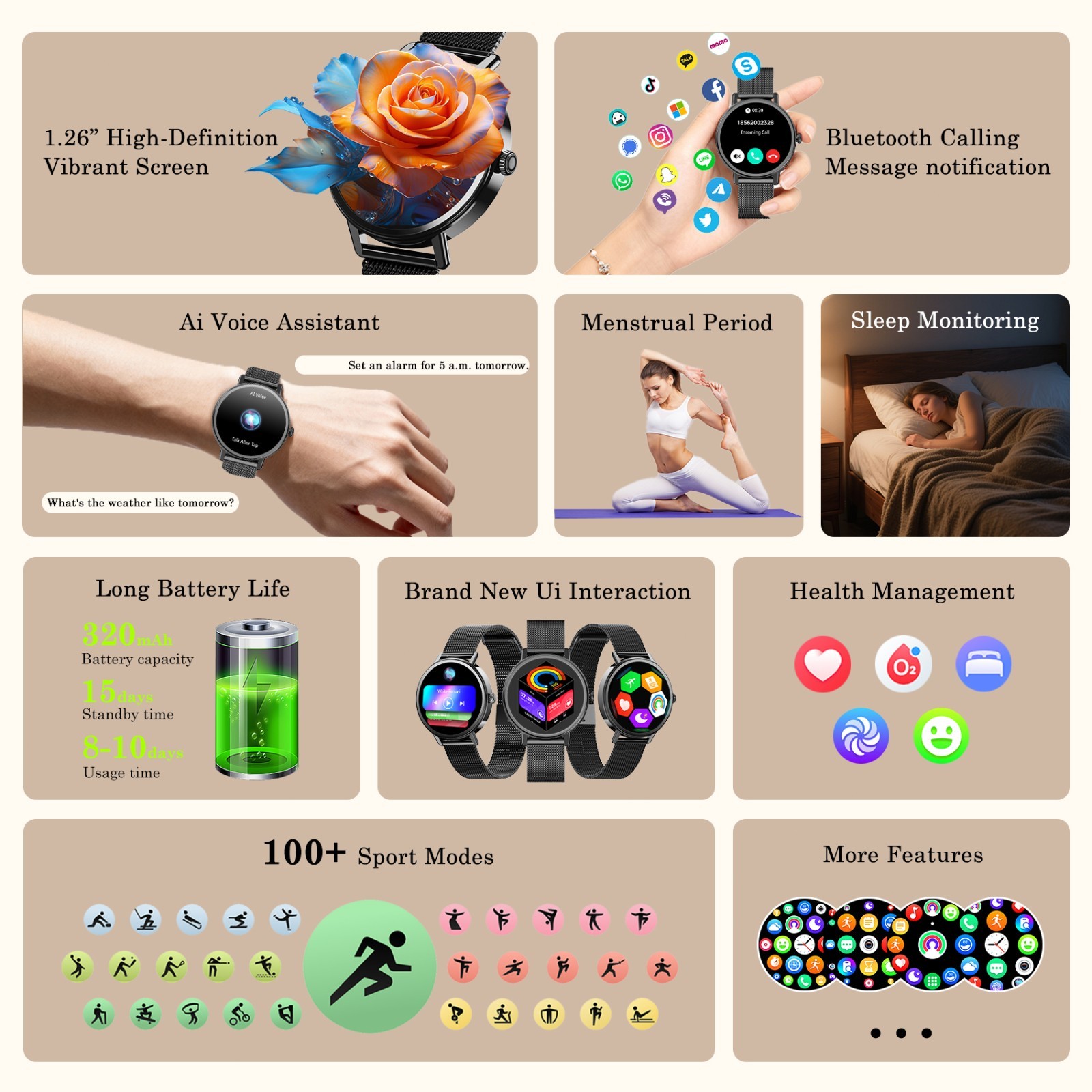 1.26″ TFT Smartwatch Women Ladies Fitness Tracker Smart Watches For iOS Android