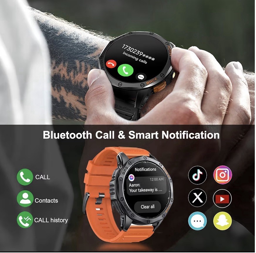Tiwain Military Smart Watch Built-in GPS 1.43″ AMOLED Flashlight Black Orange