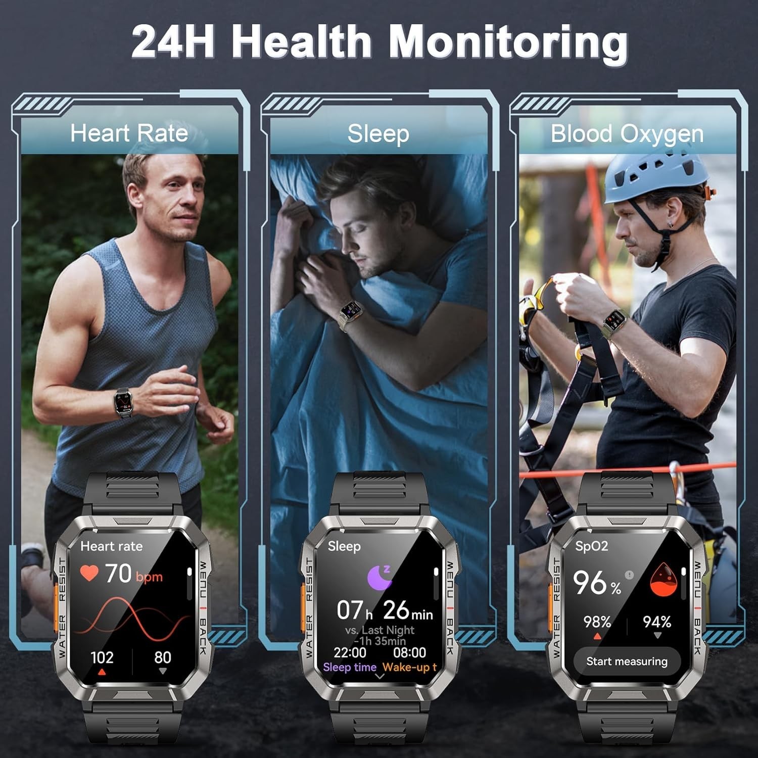 Military Smartwatch 55 mm Black Case Black Silicone Watch for Men