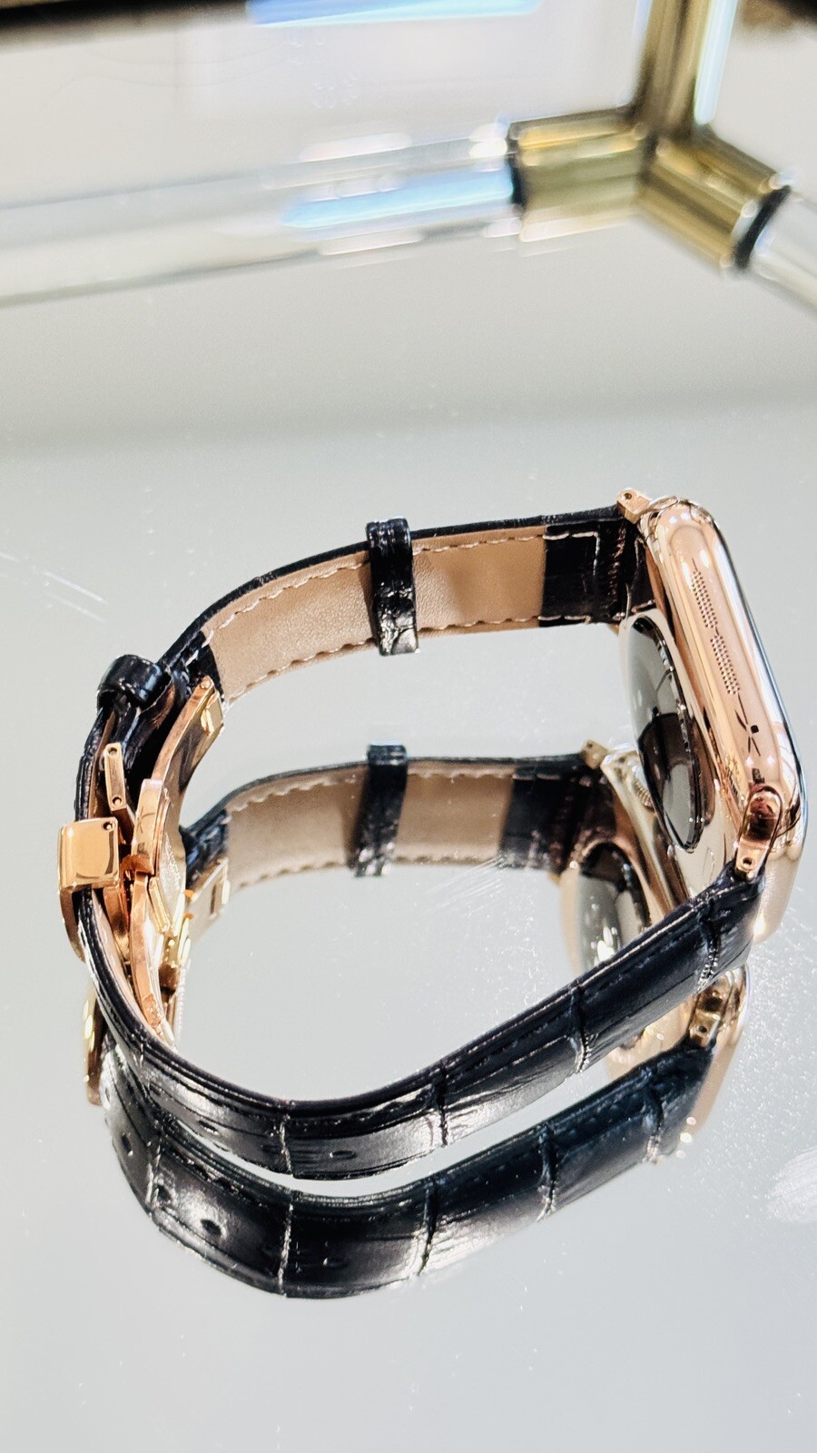 24k ROSE Gold Plated Apple Watch Series 10 46mm Black Leather Band CUSTOM
