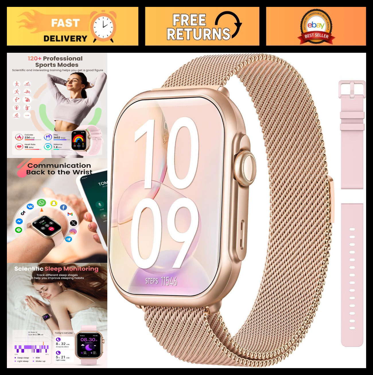 Fitness Smart Watch for Men & Women, 120+ Sport Modes, Heart Rate Monitor, IP68,