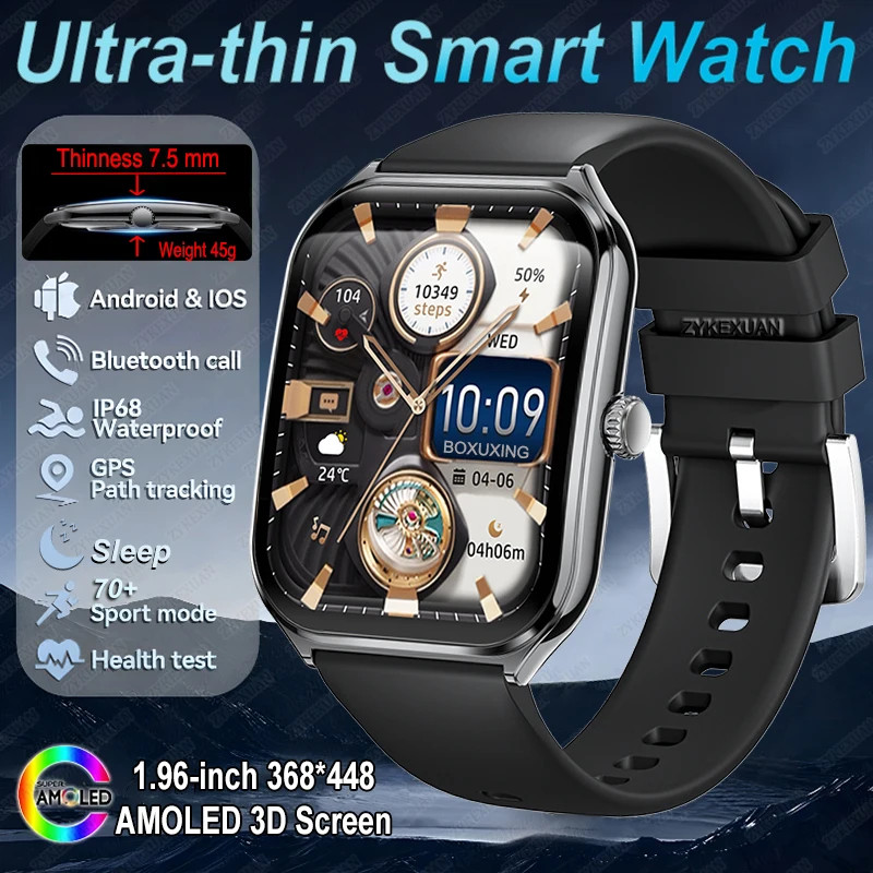 BOXUXING Smart Watch 1.96in AMOLED Bluetooth Call 70+ Sports Modes Waterproof
