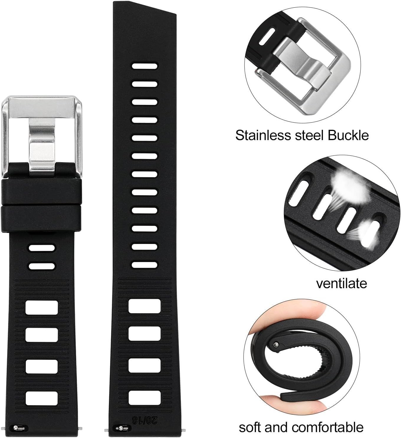 Strap Only For 20mm 22mm Waterproof Soft Watch Bands with Solid Stainless Buckle