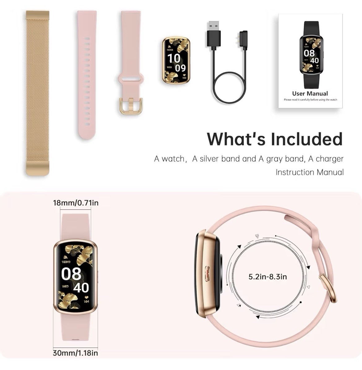 Smart Fitness Watch 30mm Rose Gold Metal Case SS Mesh Band HR Sleep Waterproof