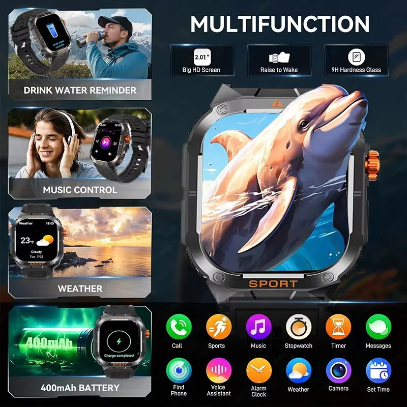 2.01″ Military Smart Watch For Men’s Sport Heart Rate Fitness Tracker Wristwatch