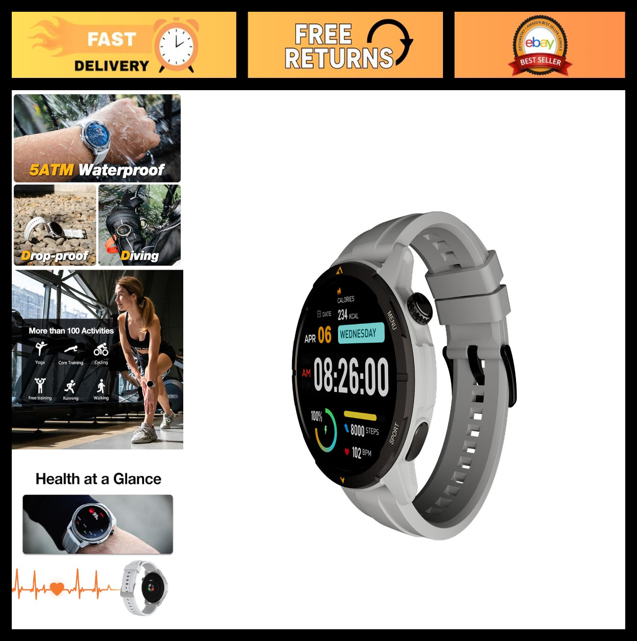Rugged GPS Smartwatch, 5ATM Waterproof, Shockproof, 100+ Sports Modes, Bluetooth