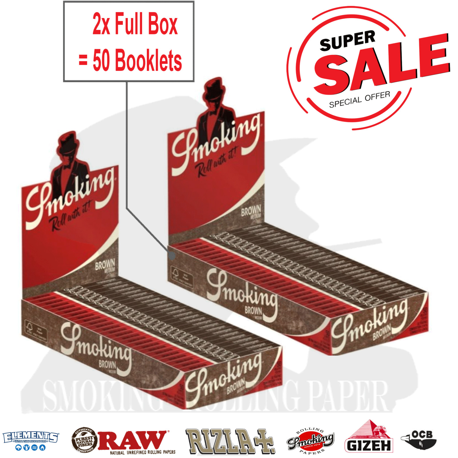 2 x Smoking Medium 1¼ Brown Rolling paper Cartine Total 2500 sheets