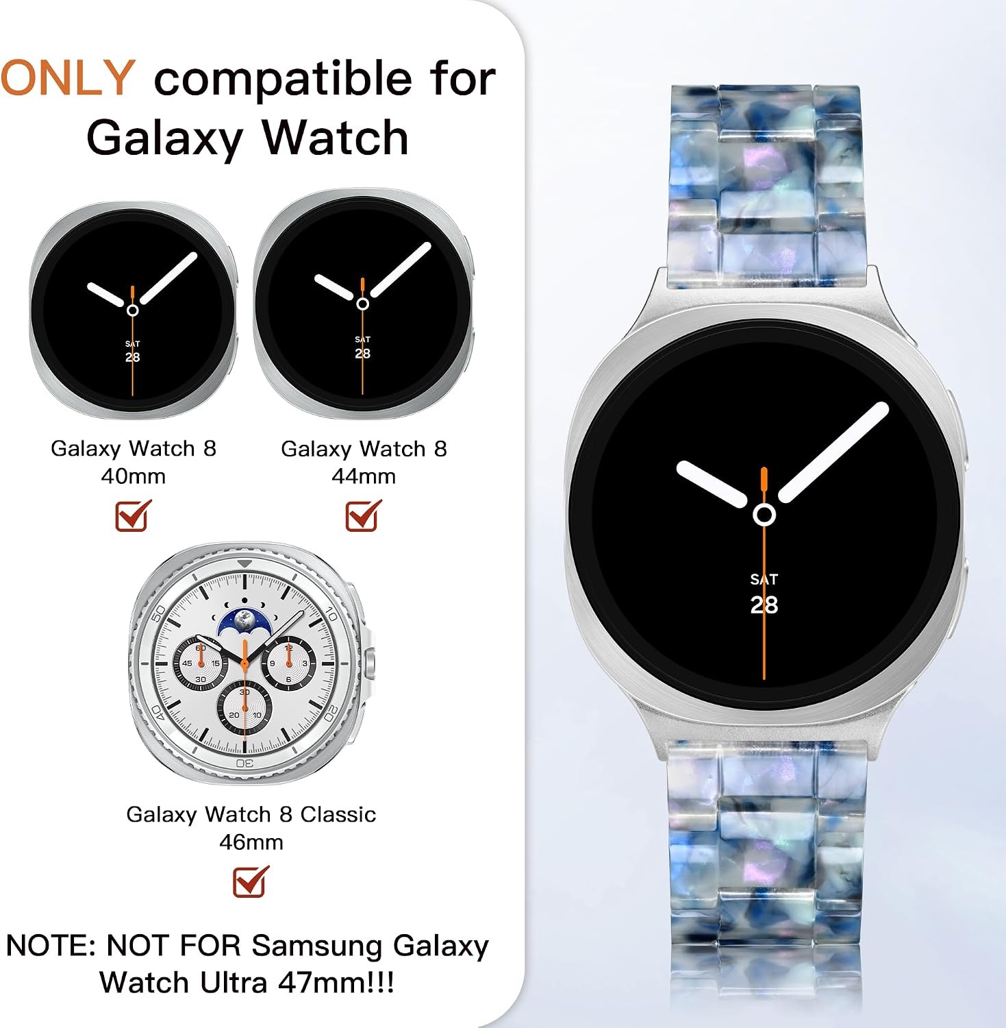 Resin Band for Galaxy Watch 8 40mm 44mm, Lightweight Replacement Strap – Navy Bl