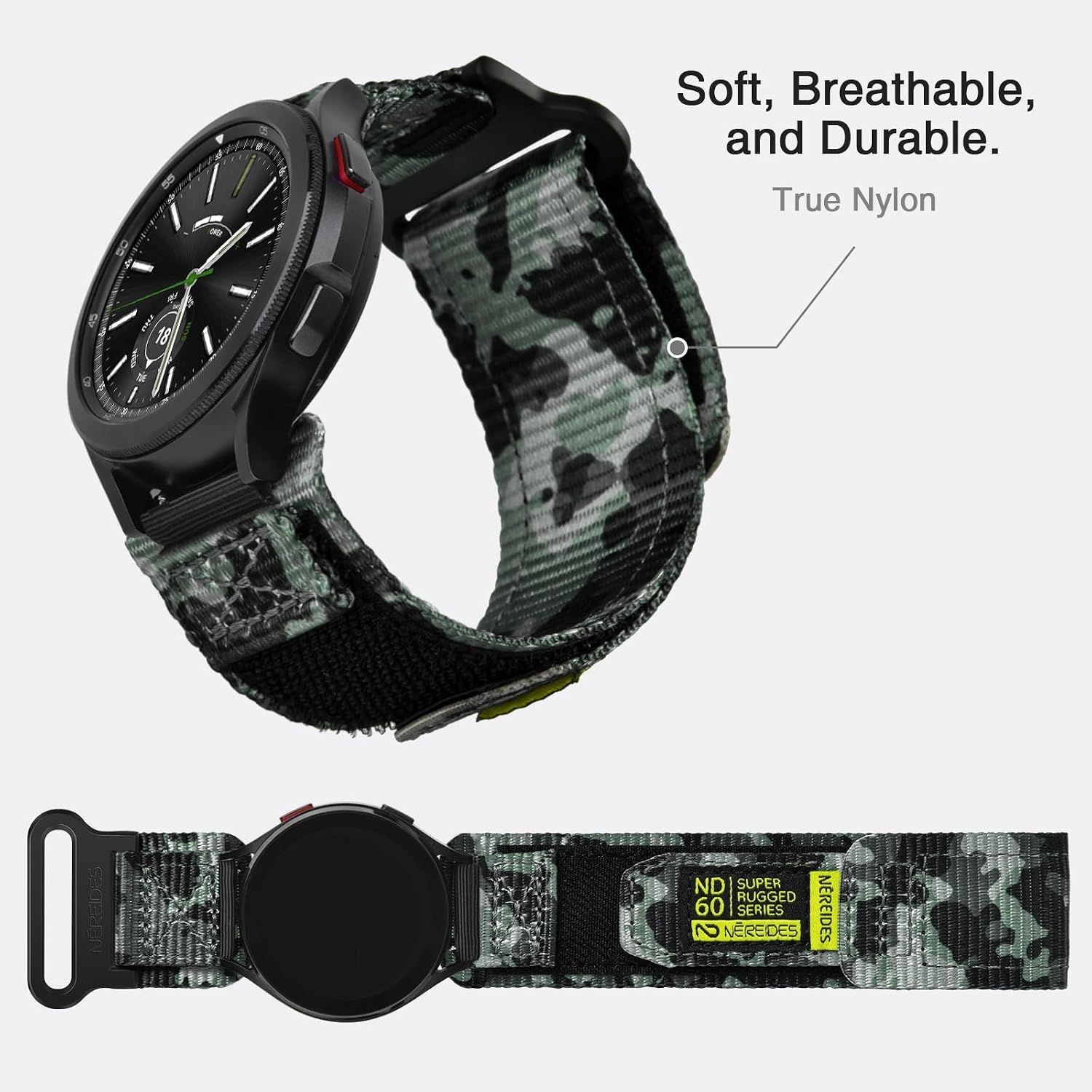 Nereides 20mm Nylon Sports Strap in Green Camo for Samsung Galaxy Watch 7 40mm