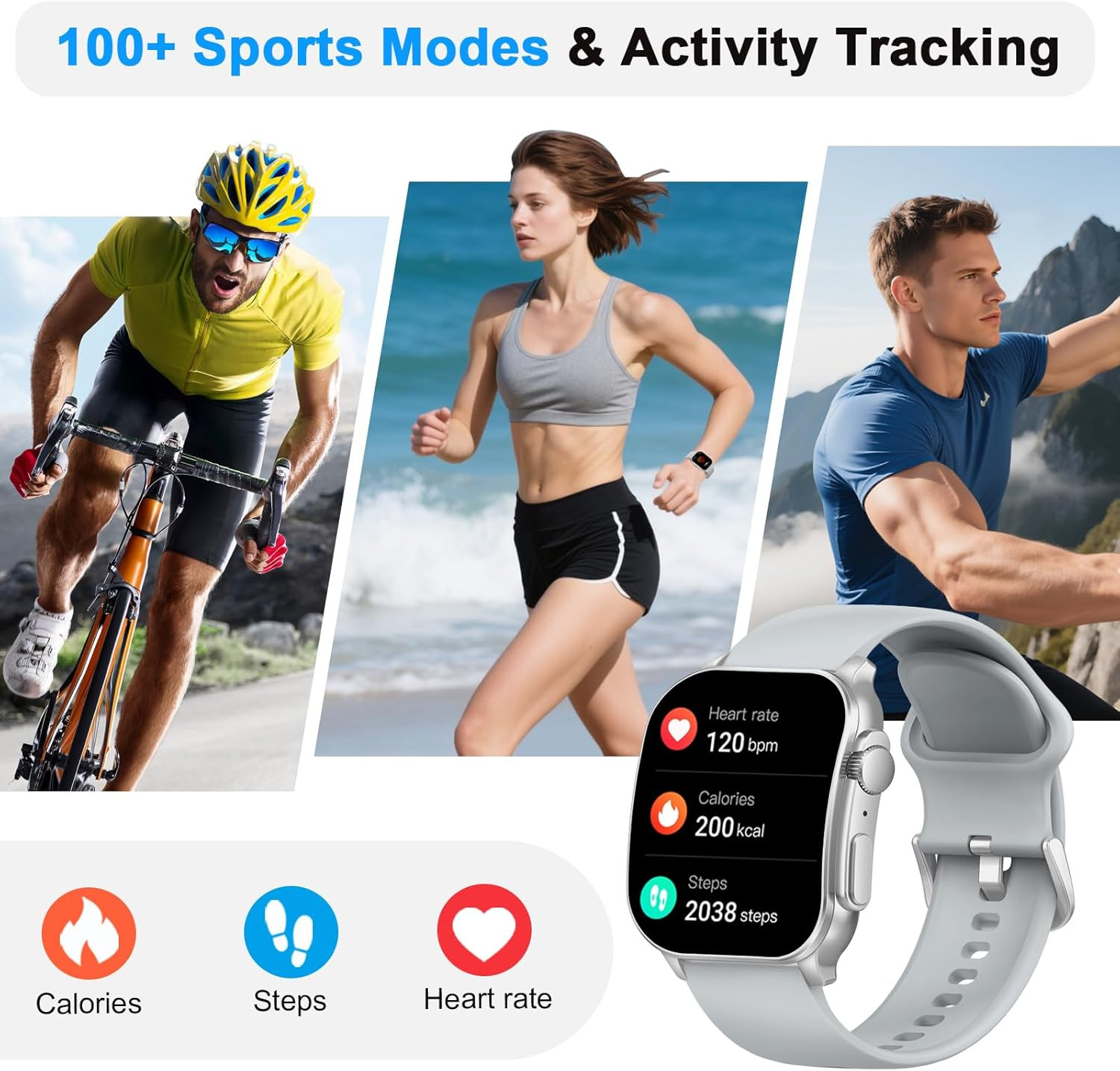 Smart Watch, 2.01″ AMOLED Curved Touchscreen Fitness Watch for Men Women, IP68 W