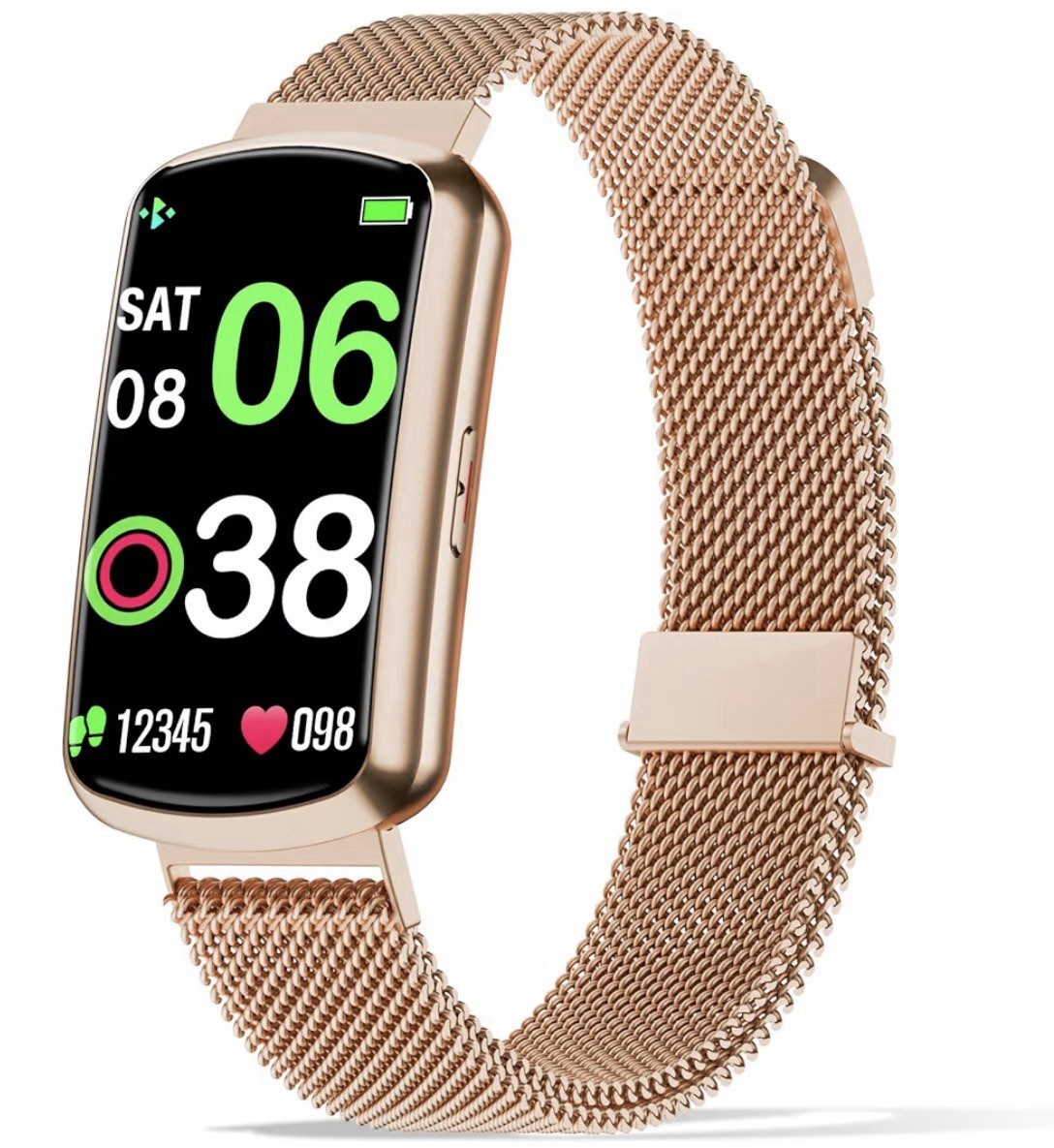 Smart Fitness Watch 30mm Rose Gold Metal Case SS Mesh Band HR Sleep Waterproof