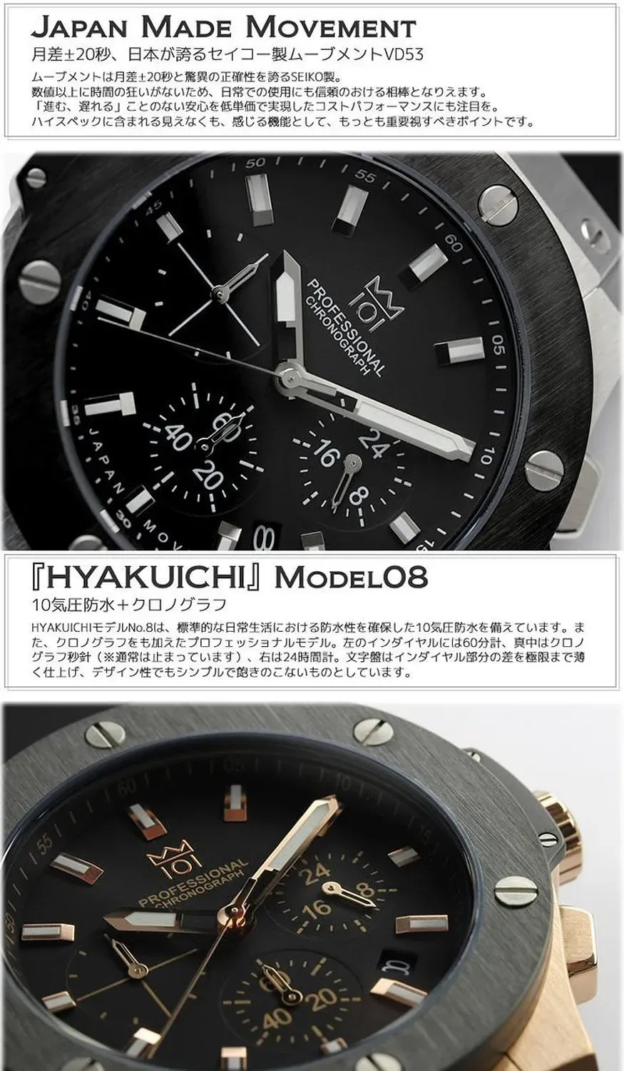 NEW HYAKUICHI 101 No.8 Chronograph 100m Watch Black Silver Carbon Made in Japan