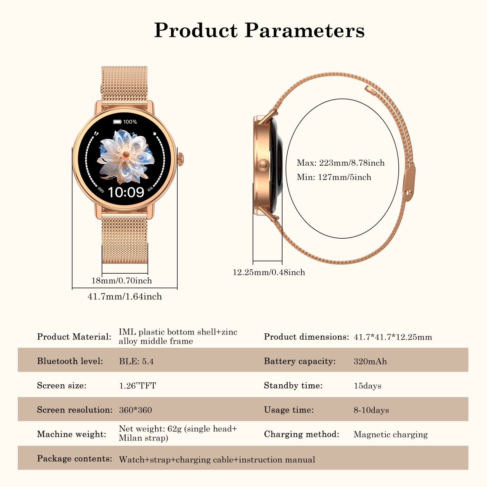 Lady Smart Watch Women 1.26″Rose Gold Smartwatch Fitness Tracker For Android iOS